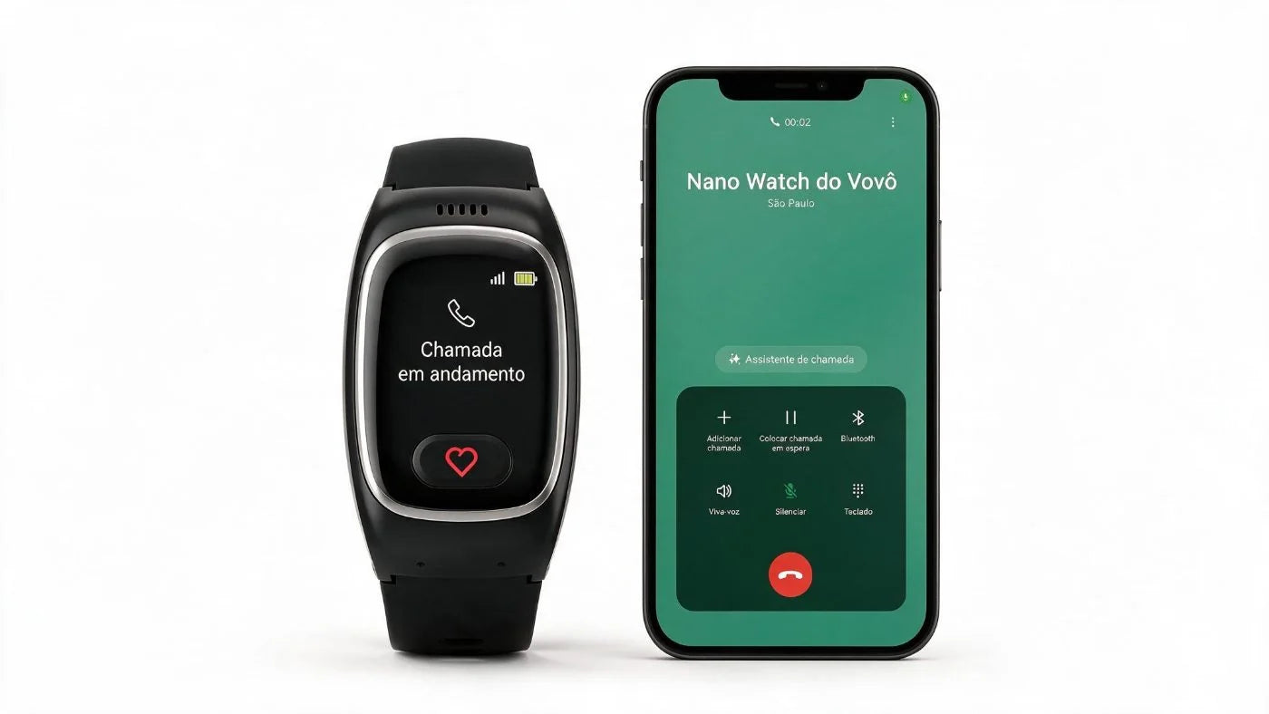 Nano Watch em chamada de voz ao lado do celular da família durante a ligação