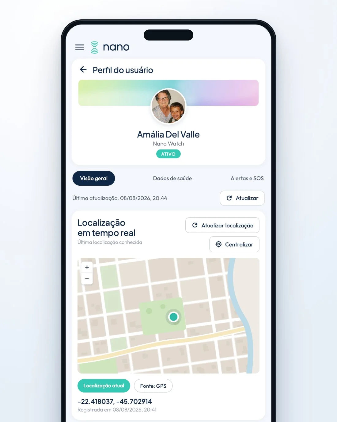 Celular mostrando a seção Localização em tempo real do Portal Nano, com o mapa e o marcador da última posição conhecida