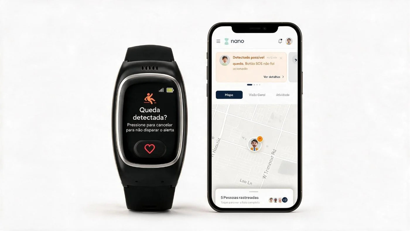 Nano Watch com o aviso Queda detectada na tela, ao lado do celular com o alerta no Portal Nano