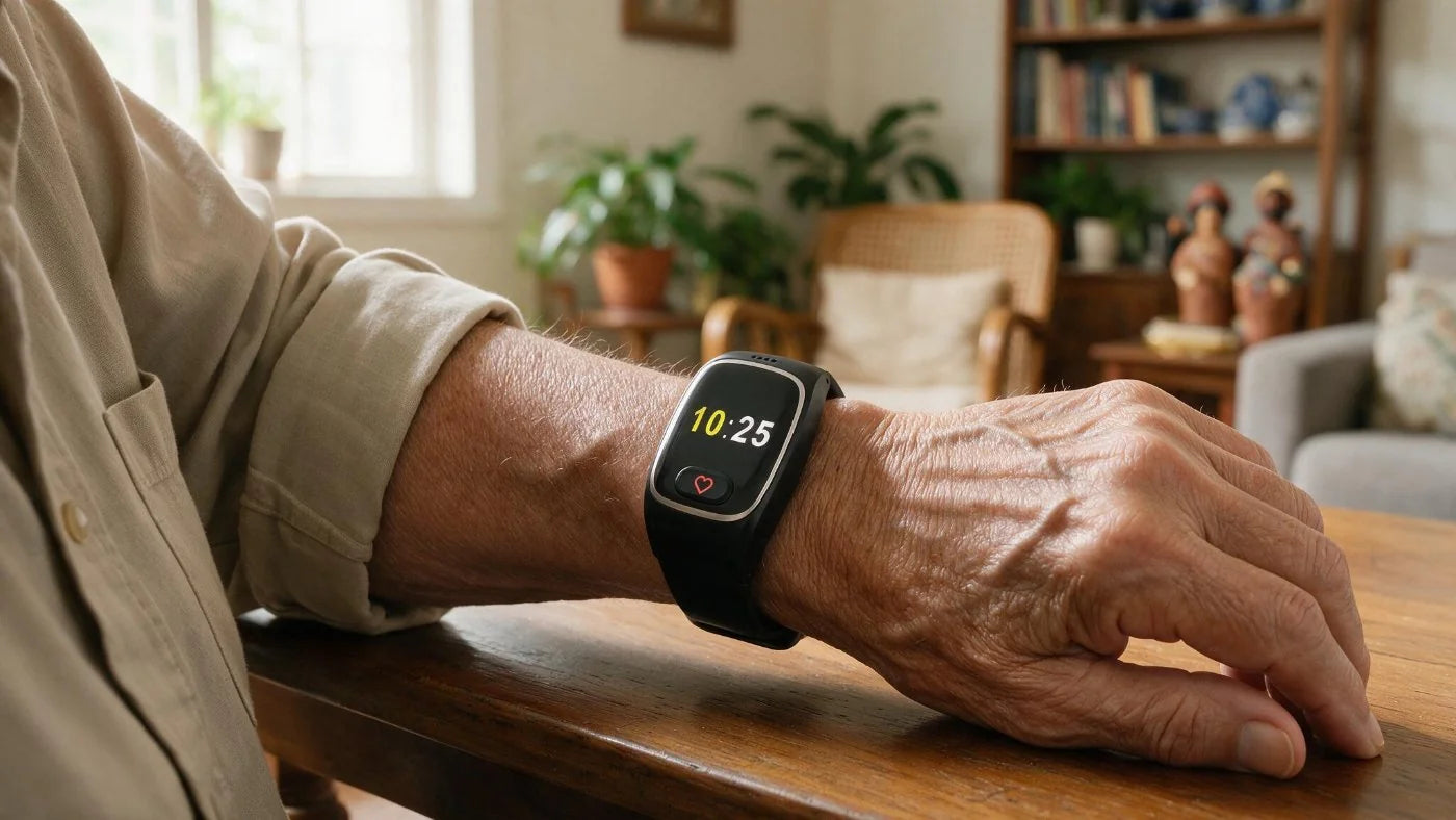 Pulso de um senhor apoiado na mesa com o Nano Watch mostrando as horas em números grandes