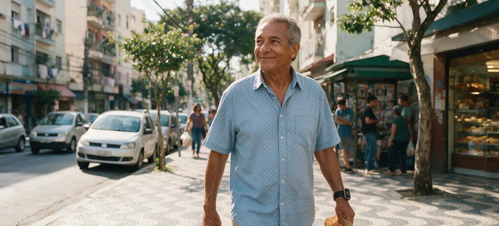 Senhor caminhando sozinho pela calçada do bairro, sorrindo, com o Nano Watch no pulso
