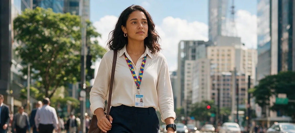 Mulher adulta caminhando na avenida a caminho do trabalho, com o Nano Watch no pulso