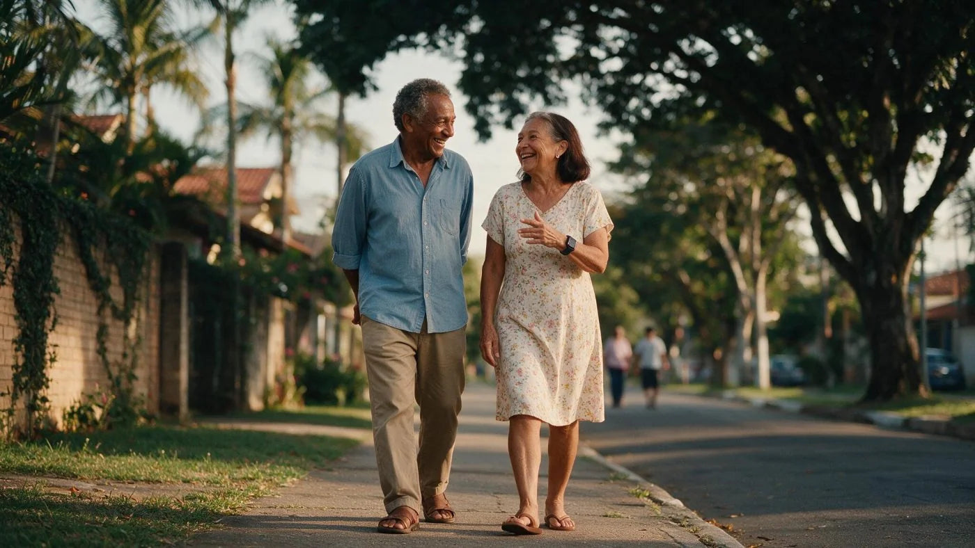 Casal de idosos caminhando e rindo na calçada do bairro no fim da tarde; ela usa o Nano Watch no pulso