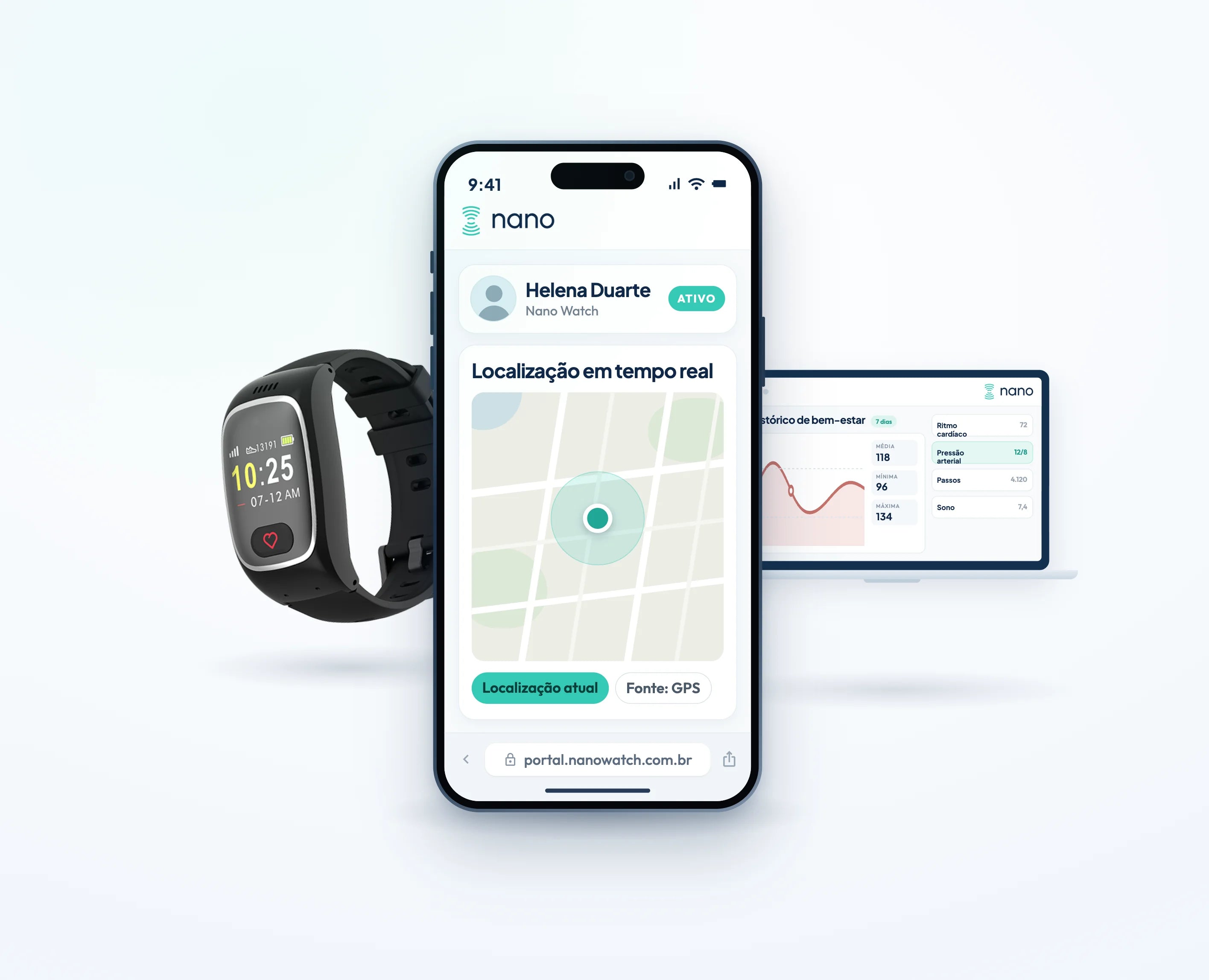 Celular com o Portal Nano aberto no mapa, mostrando a localização em tempo real de Helena Duarte, o Nano Watch ao lado mostrando as horas e o portal aberto no notebook com o histórico de bem-estar